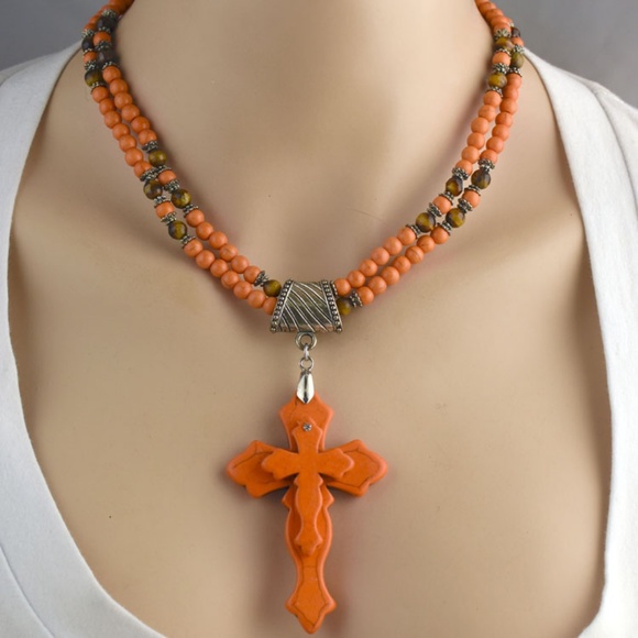Orange Turquoise & Tiger Eye Double Cross 3PC Set - Picture 8 of 8